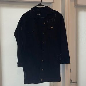 Black distressed long jeans jacket from boohoo